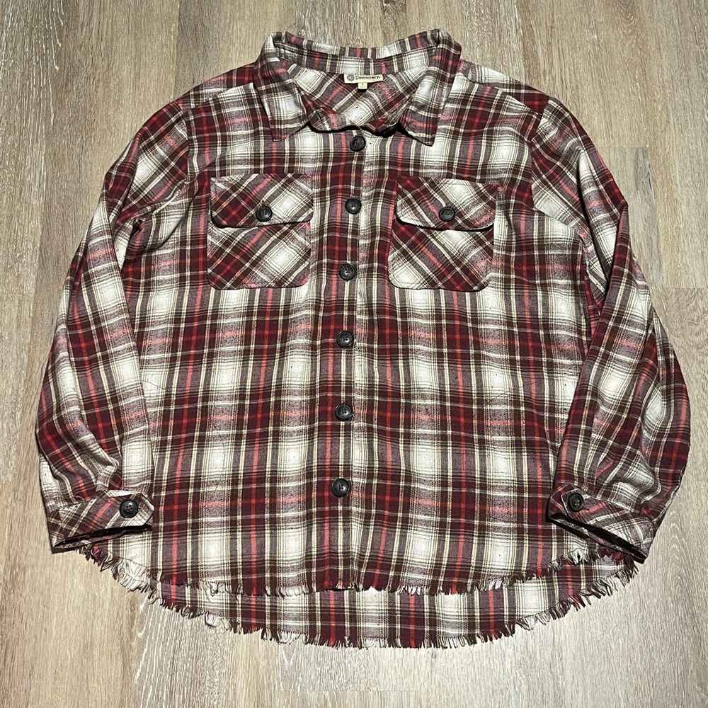 Democracy Womens Flannel Shirt Top Button Down Long Sleeve Plaid Red Beige L EUC